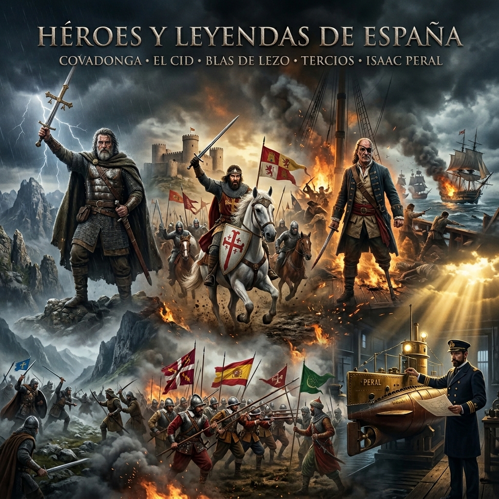 Collage épico de Don Pelayo, El Cid, Blas de Lezo, los Tercios e Isaac Peral en una ilustración cinematográfica histórica.