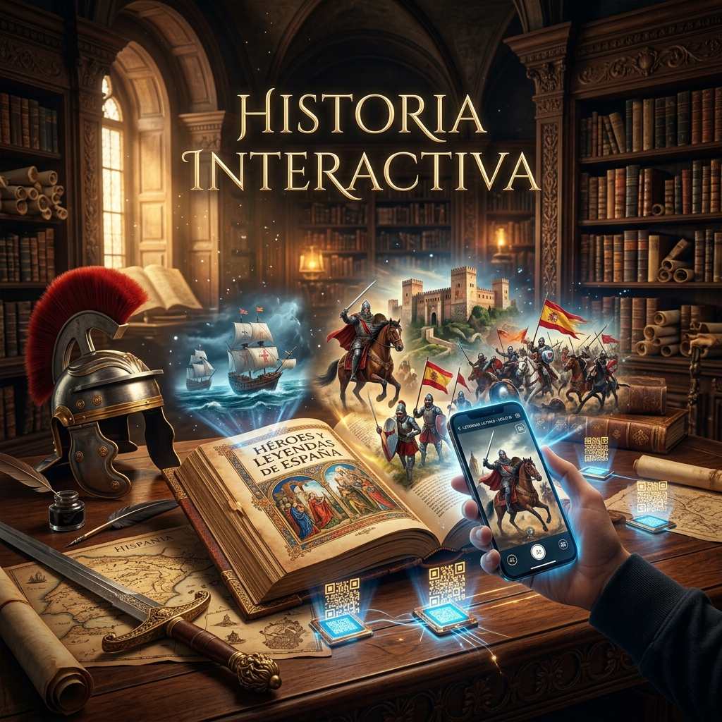 Libro interactivo de historia de España con códigos QR mostrando batallas y héroes históricos en hologramas cinematográficos.