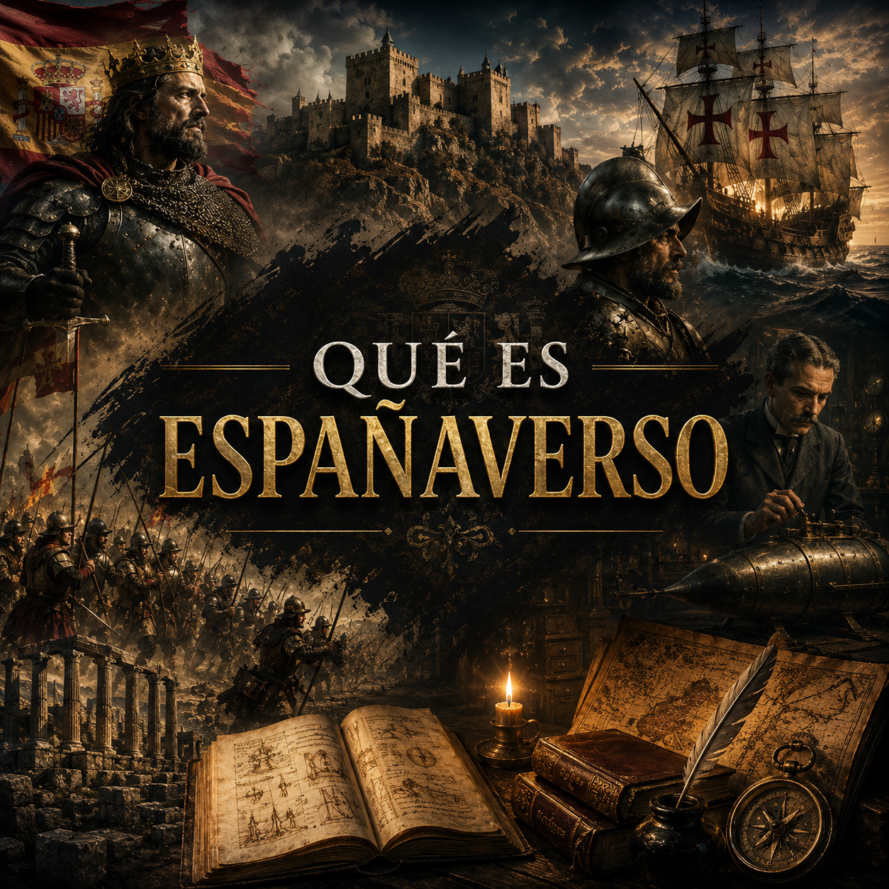 Collage cinematográfico de héroes, guerreros, exploradores y batallas históricas de España con el texto “QUÉ ES ESPAÑAVERSO”.