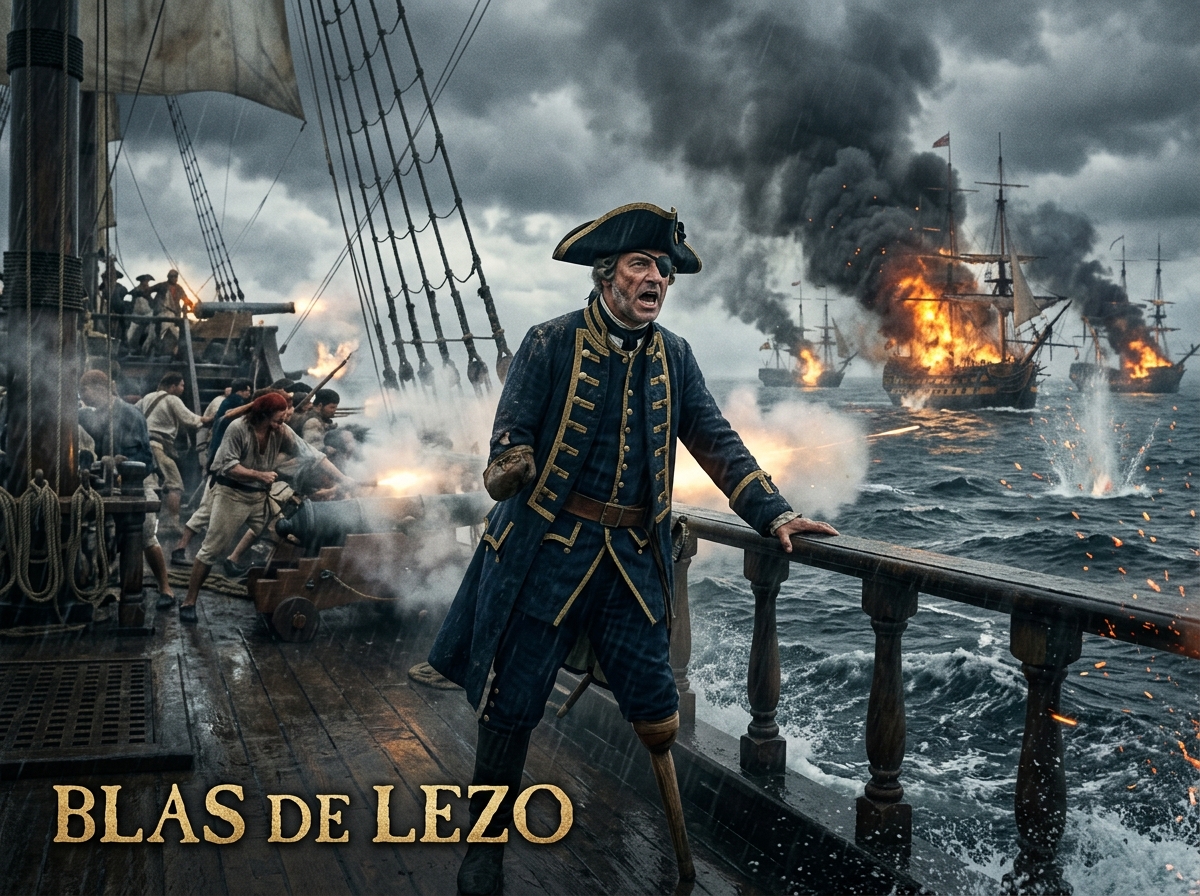 Blas de Lezo comandando un navío español durante la defensa de Cartagena de Indias entre humo, explosiones y barcos de guerra.