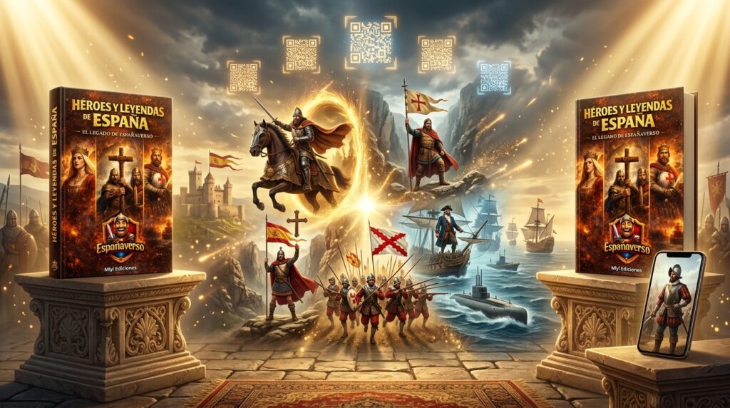 Libro Héroes y Leyendas de España de EspañaVerso en edición tapa dura y tapa blanda, rodeado de héroes históricos, batallas legendarias, castillos, exploradores y elementos interactivos que conectan la lectura con contenido audiovisual.