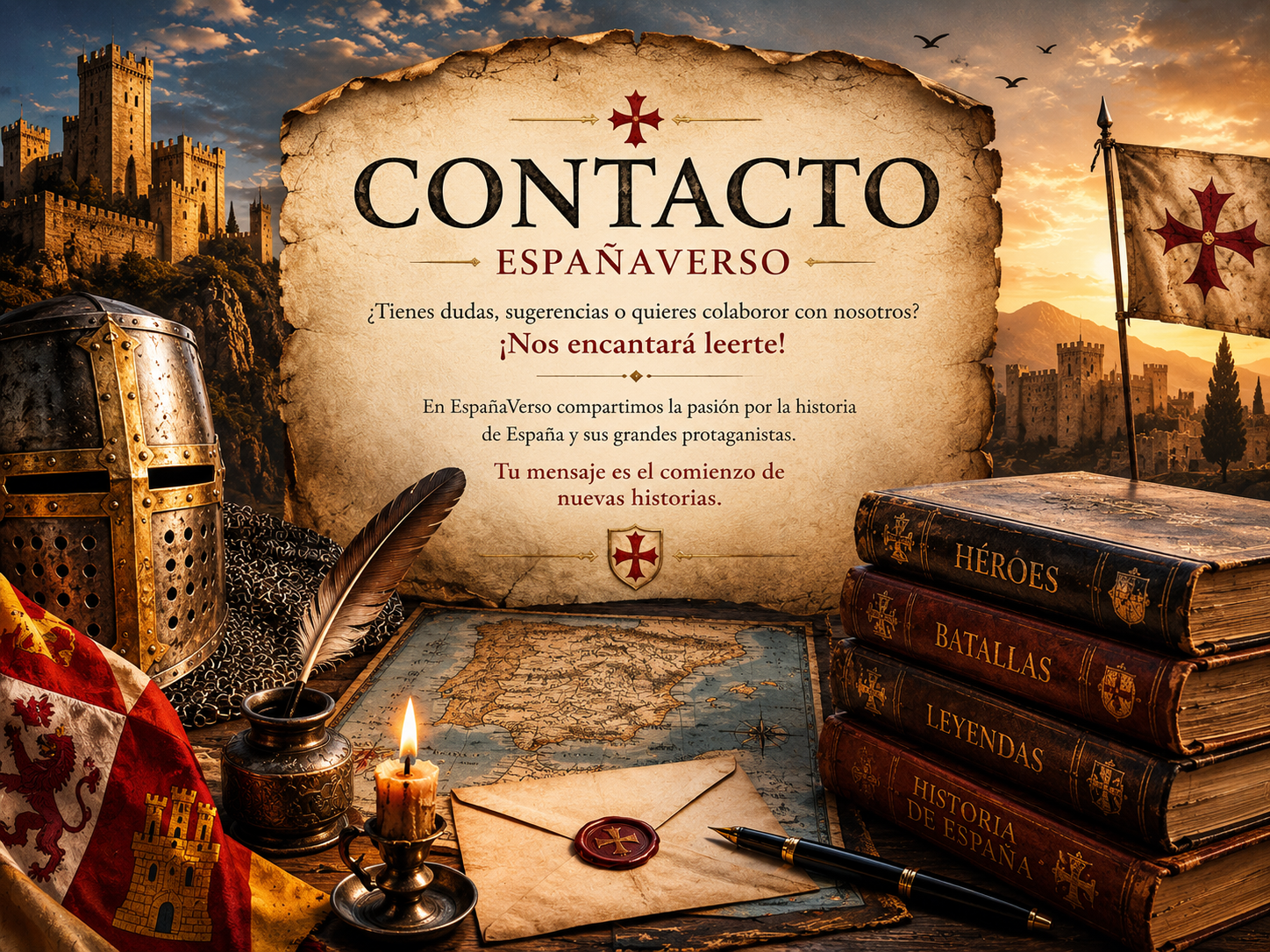 Mesa medieval con un libro de historia, casco templario, escudo con cruz roja y un castillo al atardecer, representando la página de contacto de EspañaVerso.