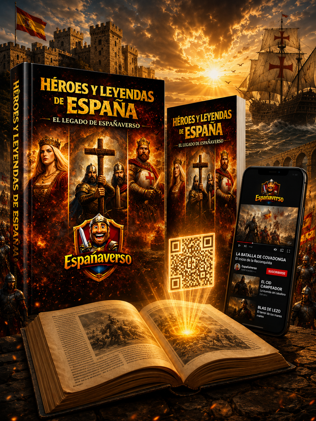 Mockup del libro Héroes y Leyendas de España – El Legado de EspañaVerso en tapa dura y tapa blanda junto a un móvil mostrando vídeos históricos y códigos QR interactivos.