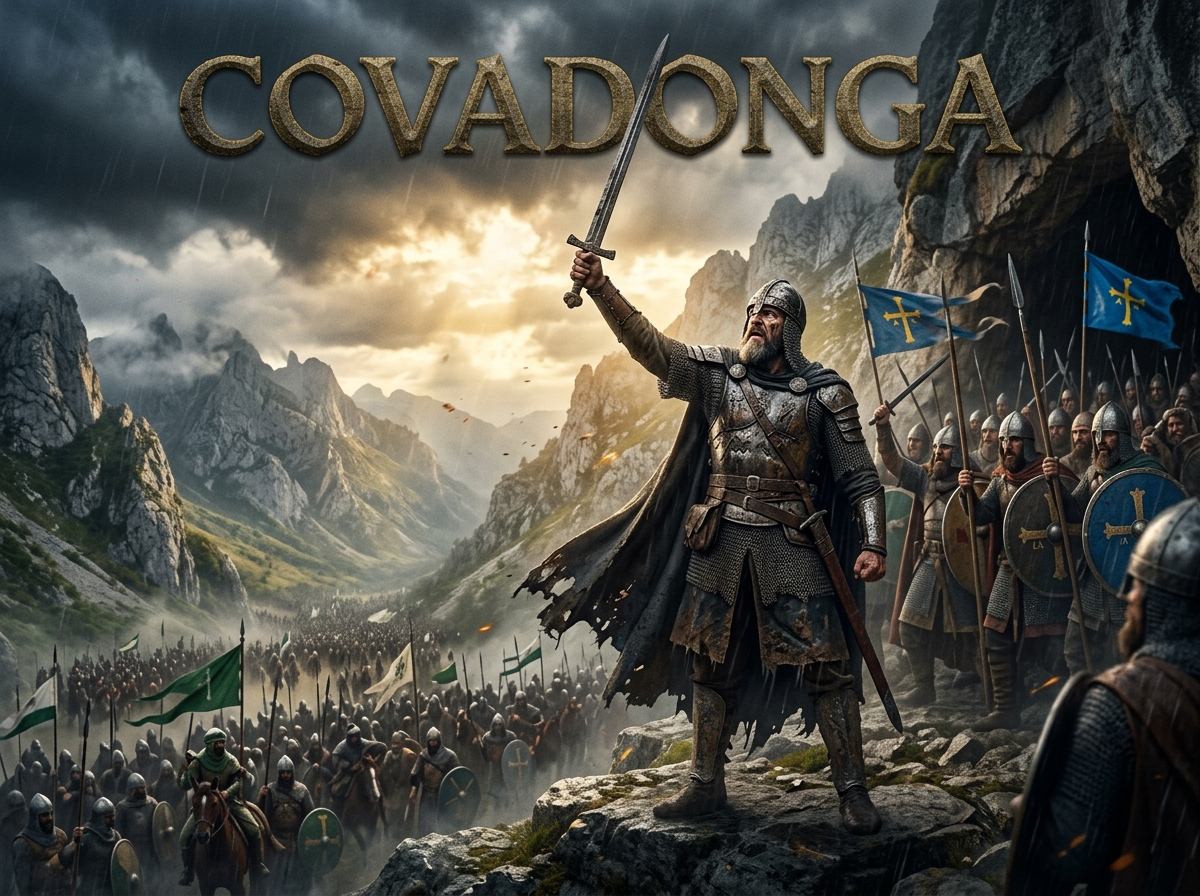 Don Pelayo levantando su espada frente a la Cueva de Covadonga mientras los guerreros cristianos se preparan para la batalla en las montañas de Asturias.
