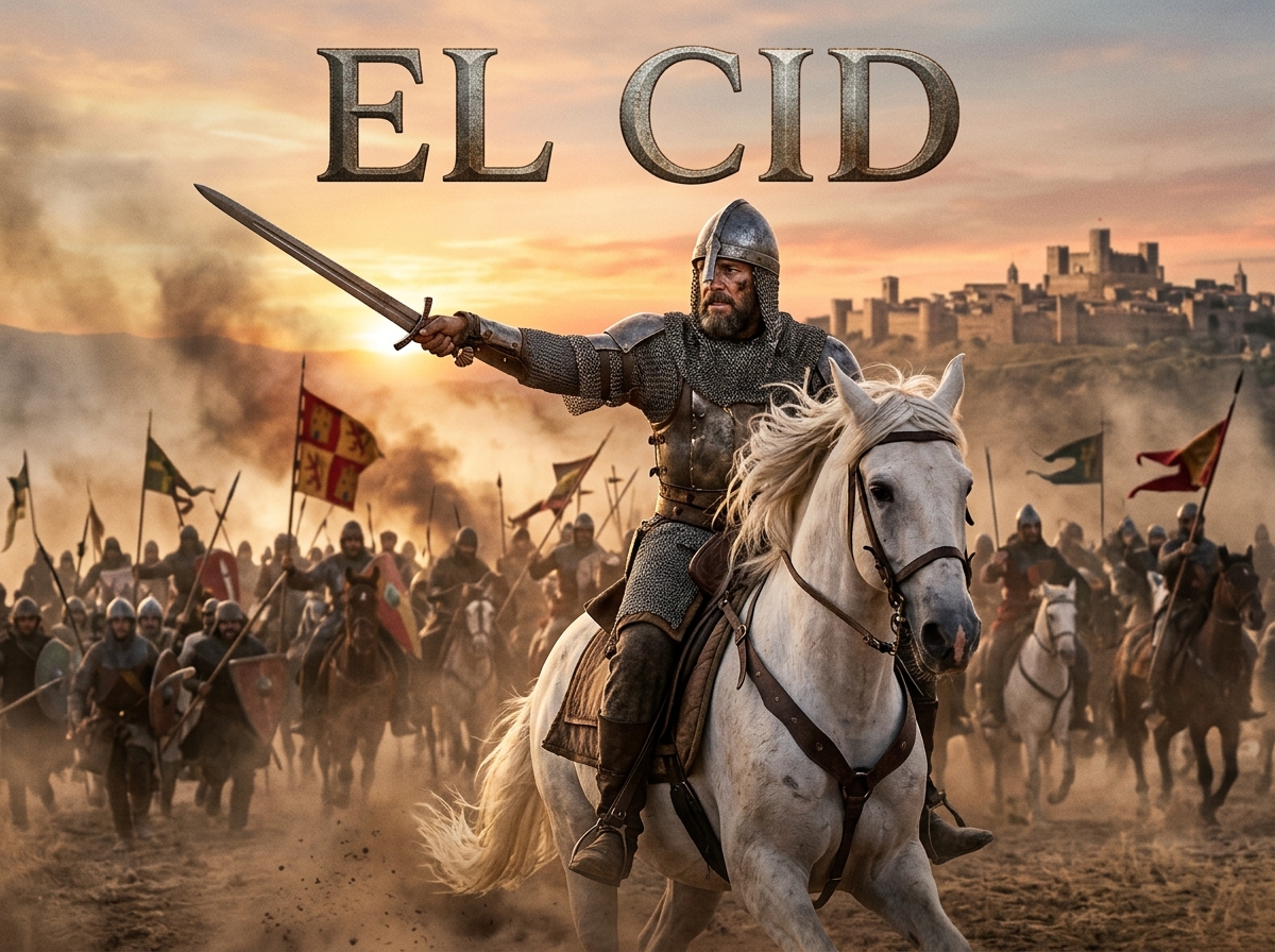 El Cid Campeador cabalgando sobre Babieca con la espada Tizona en alto mientras dirige a sus tropas hacia la batalla.