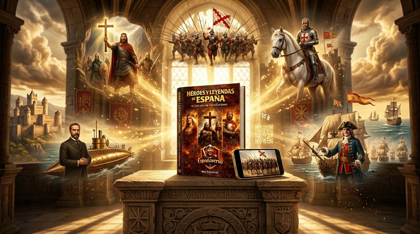 Libro Héroes y Leyendas de España de EspañaVerso en edición tapa dura y tapa blanda, rodeado de héroes históricos, batallas legendarias, castillos, exploradores y elementos interactivos que conectan la lectura con contenido audiovisual.
