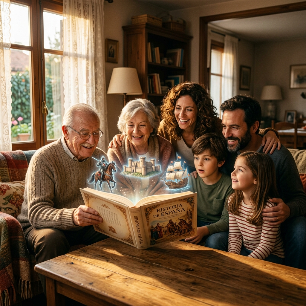 Familia leyendo un libro ilustrado sobre la historia de España mientras niños y adultos descubren héroes y leyendas históricas juntos.
