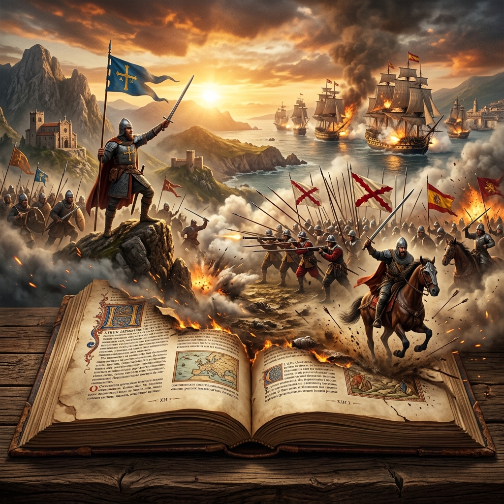 Escena épica inspirada en la historia de España con héroes legendarios, batallas históricas, castillos medievales y guerreros avanzando hacia la gloria.