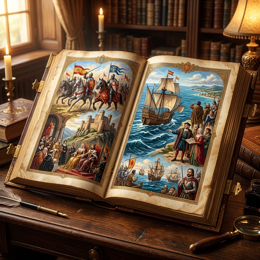 Libro ilustrado mostrando escenas históricas de España con héroes, exploradores, castillos y batallas representadas con gran detalle artístico.