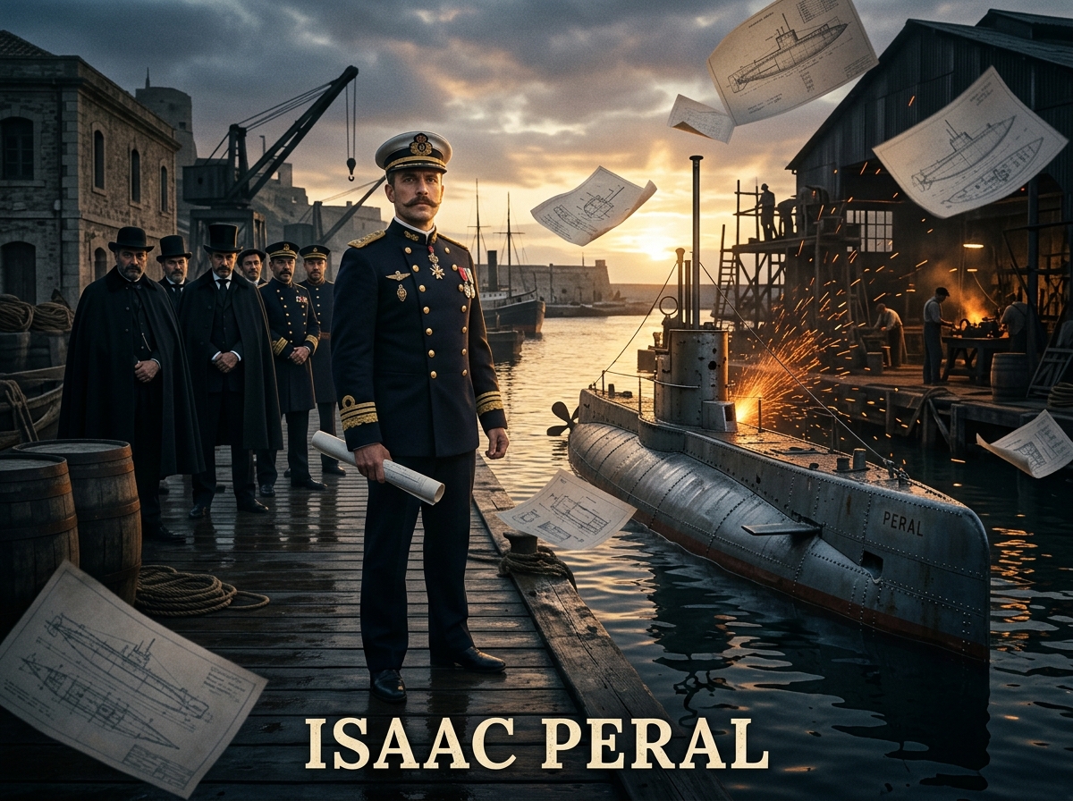 Isaac Peral junto a su innovador submarino eléctrico rodeado de planos y tecnología naval del siglo XIX.