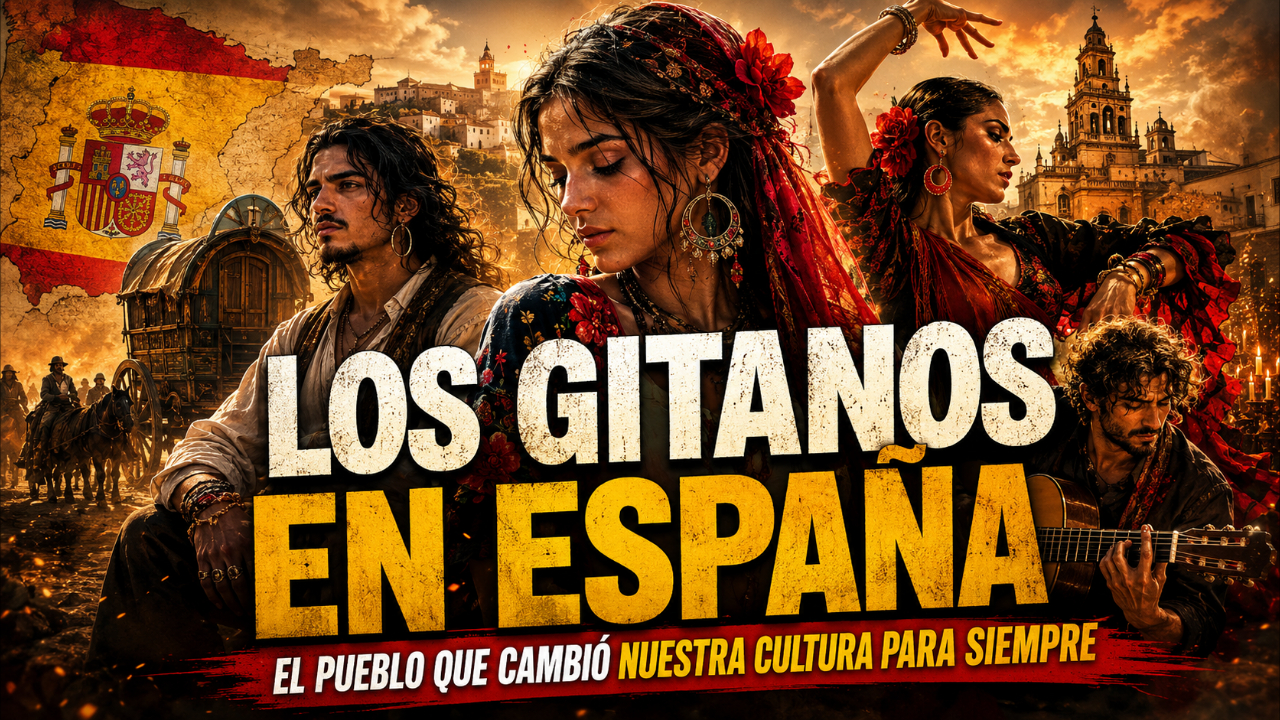 Miniatura del vídeo de EspañaVerso sobre la historia del pueblo gitano en España. Una mujer gitana mira fijamente al espectador señalando hacia la cámara, con la Alhambra de Granada al fondo, una bandera de España y una escena de flamenco en la parte inferior. El texto principal dice "EL PUEBLO GITANO" y "Llegaron sin reinos y cambiaron España", con el logotipo de EspañaVerso en la esquina inferior.