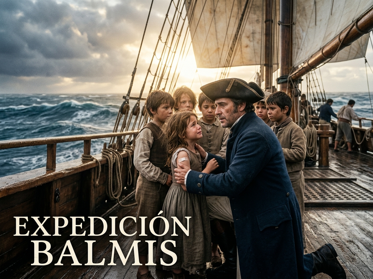Francisco Javier Balmis y un grupo de niños a bordo de un barco transportando la vacuna de la viruela a través del océano.