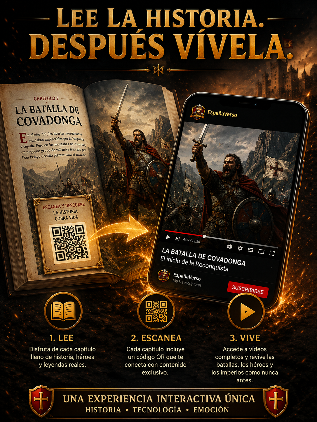 Libro abierto de Héroes y Leyendas de España mostrando un código QR conectado a un teléfono móvil que reproduce un vídeo histórico de EspañaVerso sobre la Batalla de Covadonga.