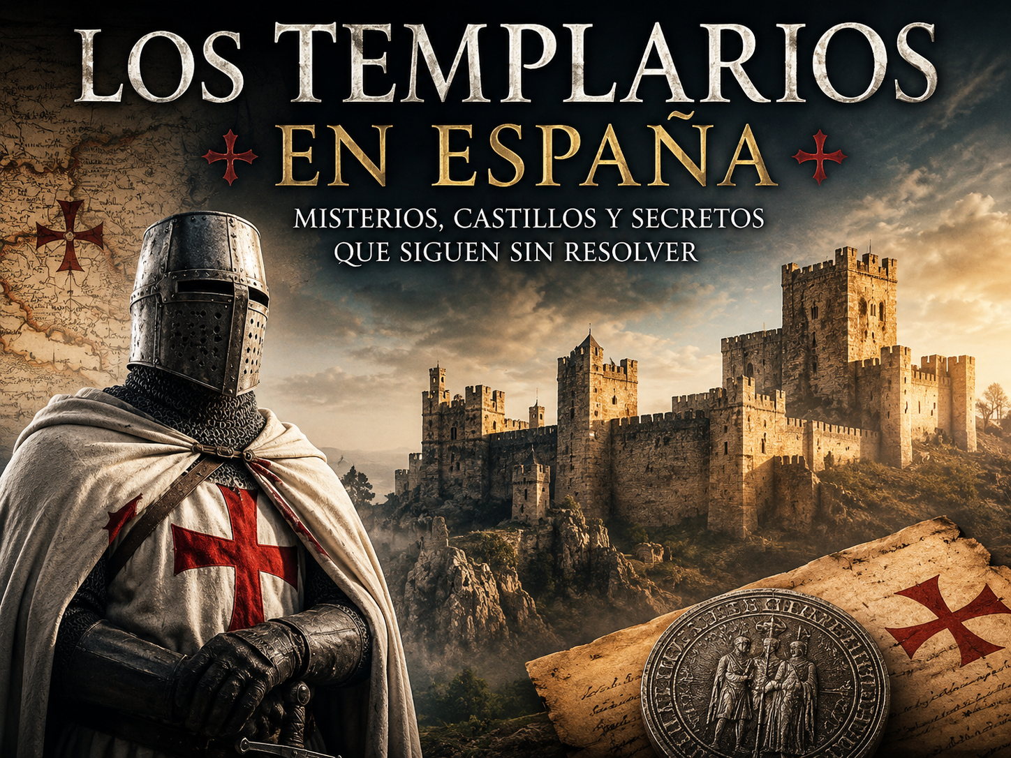 Caballero templario con manto blanco y cruz roja frente a un castillo medieval en España, rodeado de mapas antiguos, pergaminos y símbolos de la Orden del Temple.