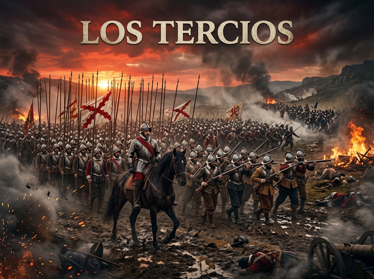 Formación de soldados de los Tercios Españoles avanzando en el campo de batalla entre humo, picas y banderas imperiales.