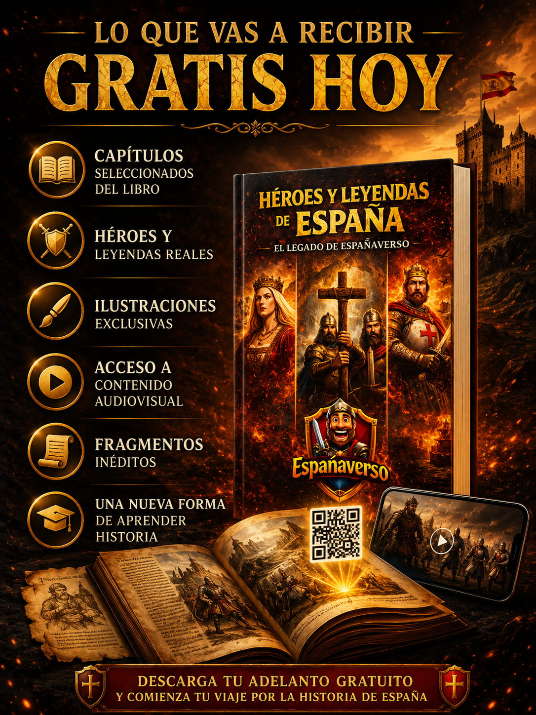 Imagen promocional del adelanto gratuito de Héroes y Leyendas de España con la portada del libro, capítulos seleccionados, códigos QR interactivos y acceso a contenido audiovisual exclusivo.