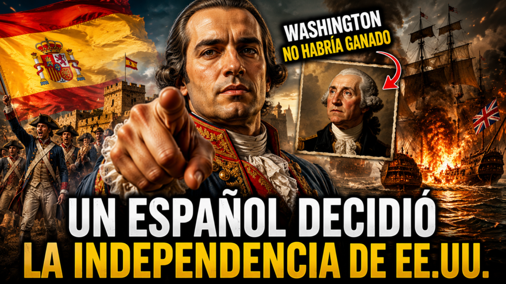Miniatura del canal EspañaVerso sobre Bernardo de Gálvez. El militar español aparece en primer plano con uniforme del siglo XVIII y espada desenvainada, mientras al fondo se desarrolla la batalla de Pensacola con tropas españolas, humo de cañones, la bandera de España y un mapa de Norteamérica. El texto principal destaca que un español cambió la historia de Estados Unidos.
